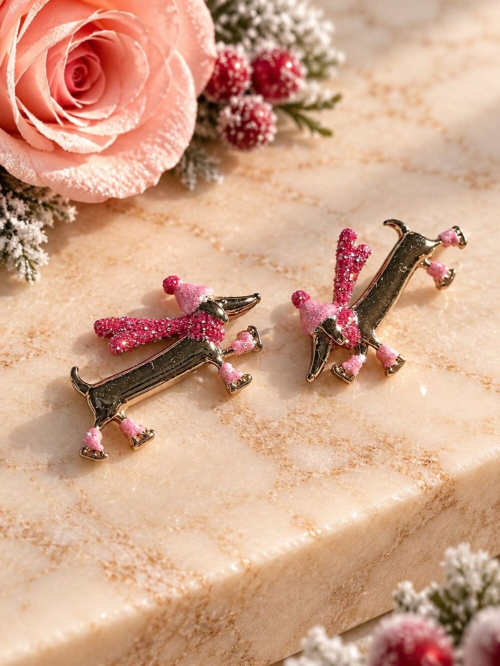 Winter Weiner Dog Enamel Earrings Dachshund Glitter Scarf Boots Holiday Jewelry